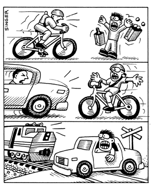 bicyclists intimidate pedestrians (Copyright 1997 Andrew B. Singer)